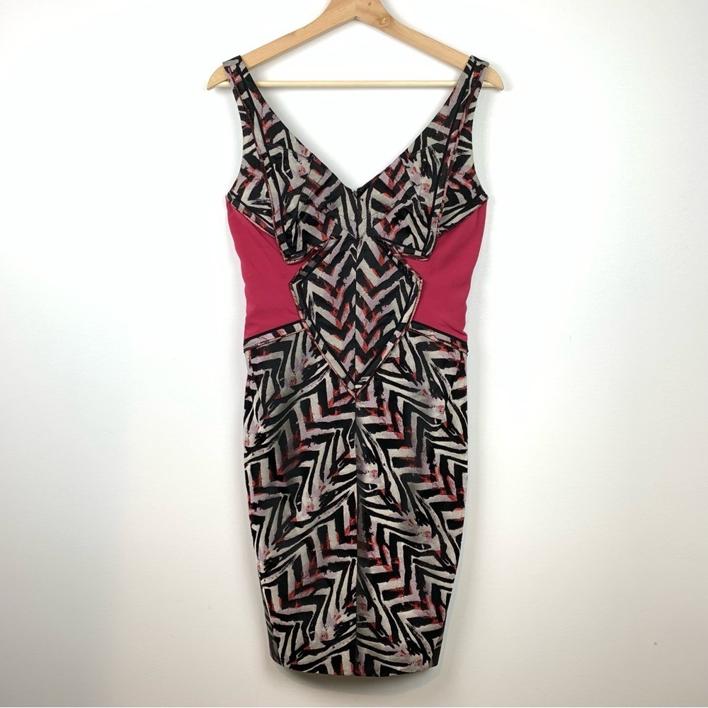 Zac Posen Pencil Dress Sleeveless Silk Blend Zigzags V Neck Sz 4 Black Pink Sexy